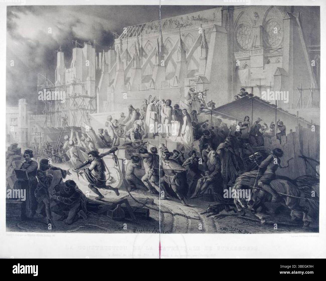 Représentation artistique de la construction de la cathédrale de Strasbourg à la fin du XIIIe siècle, montrant l’architecte Erwin von Steinbach présentant son plan à Mgr Conrad parmi les ouvriers et les citadins. Banque D'Images