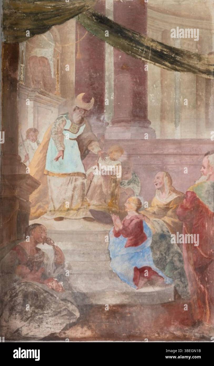 La *Kapelle Haus Venne* présente une fresque murale de 1771 représentant la présentation de la Vierge Marie au Temple. Cette scène représente Marie présentée par ses parents, composés Joachim et offerts Anne, symbolisant son dévouement précoce à Dieu dans la tradition chrétienne. Banque D'Images