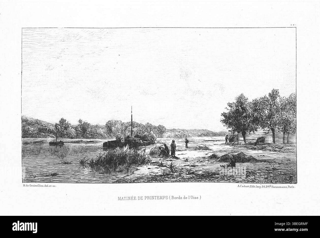 *Matinée de printemps (bords d'Oise)* est une gravure originale de Marcellin de Groiseilliez, créée le 2 janvier 1874. La gravure représente un matin de printemps au bord de l'Oise, capturant l'atmosphère délicate du début du printemps. Banque D'Images