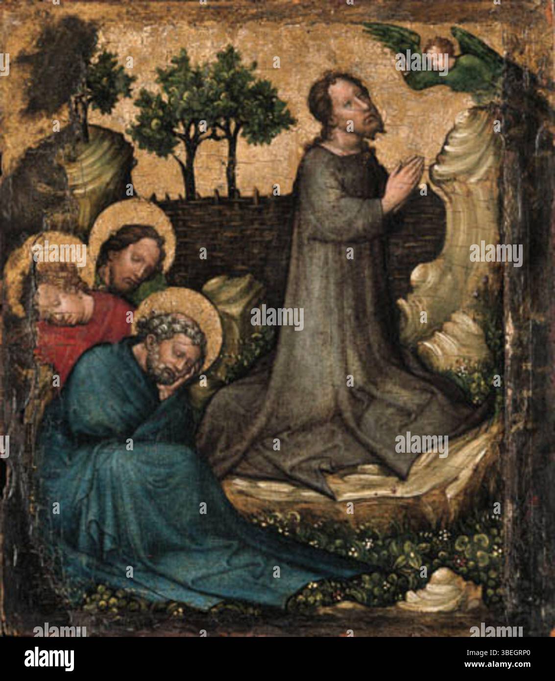 Le tableau 'L'agonie dans le jardin', créé par l'école autrichienne en 1999, représente le moment de prière et d'angoisse du Christ avant son arrestation. Cette œuvre est connue pour son intensité émotionnelle et son thème religieux. Banque D'Images