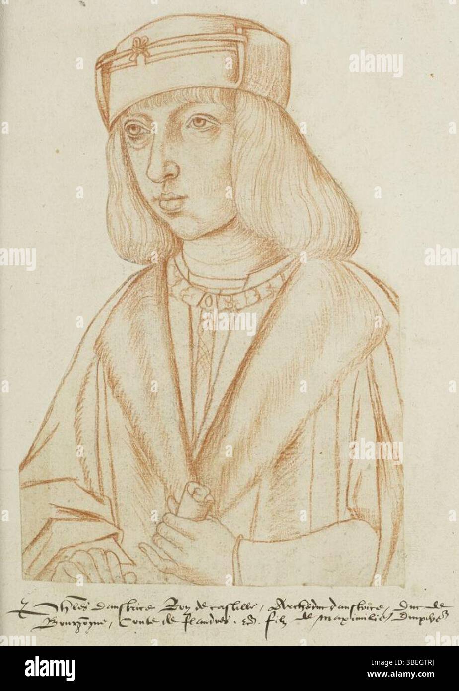 Ce portrait représente Philippe Ier de Castille, roi de Castille au XVIe siècle. Il fait partie du Receuil d'Arras de Jacques de Boucq, une collection de portraits copiés de personnages historiques importants. Banque D'Images