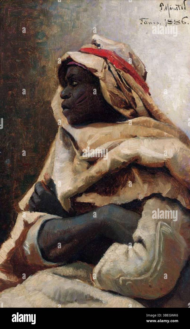 Le tableau de Peder Mørk Mønsted 'Un Bédouin' représente une figure solitaire d'un Bédouin dans un paysage désertique. L'œuvre d'art met en évidence le lien de la figure avec le vaste et ouvert environnement désertique. Banque D'Images