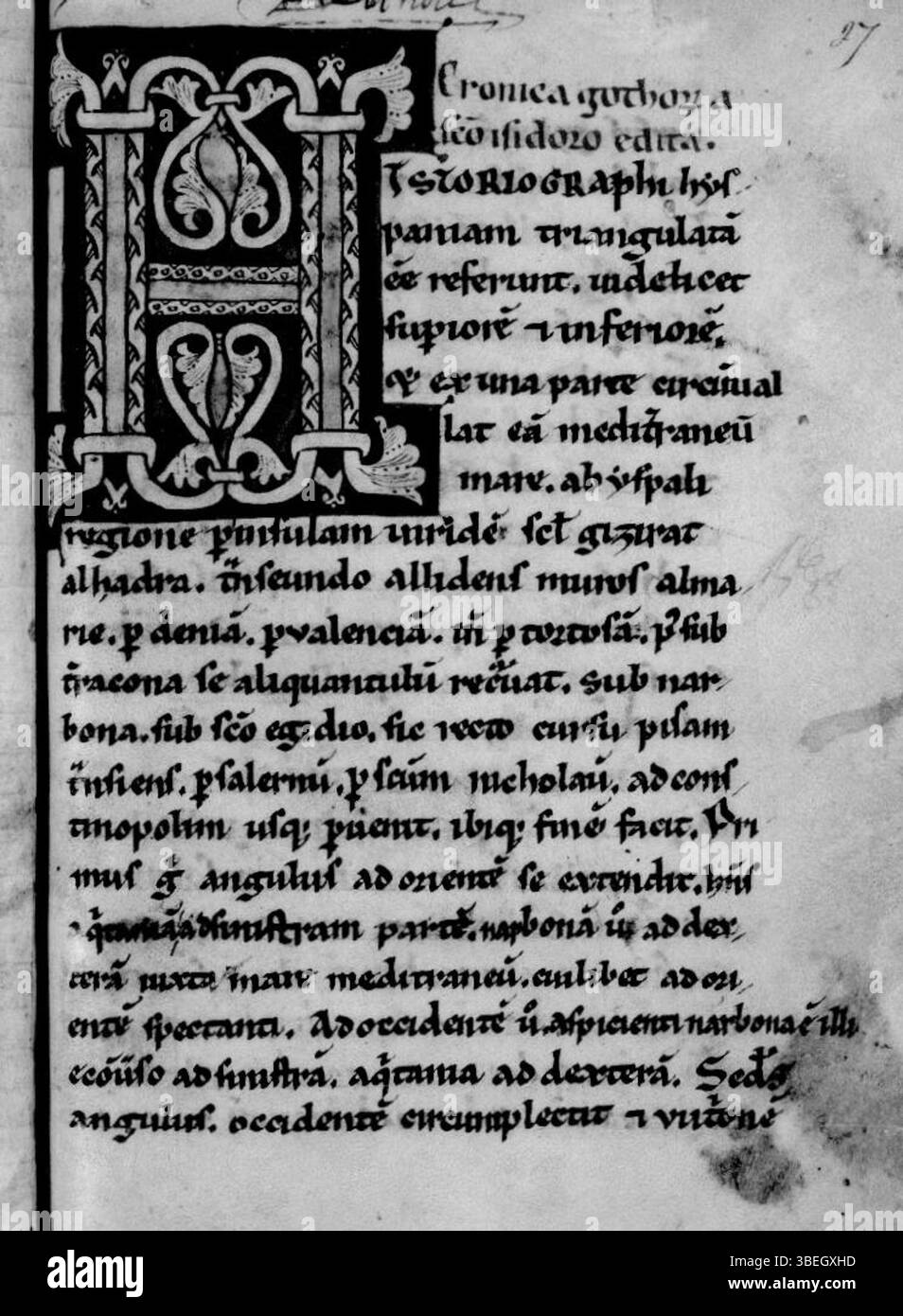 Cette page manuscrite de la Chronica Gothorum, trouvée à la Bibliothèque nationale de France (BnF), offre un récit médiéval des Goths, compilé sous le pseudonyme d'Isidore de Séville. C'est une source importante pour comprendre l'histoire ancienne des peuples gothiques en Europe. Banque D'Images