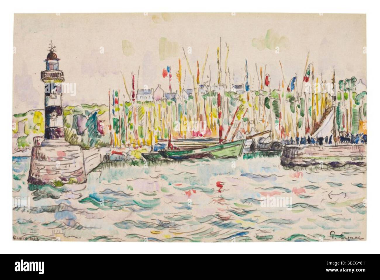 Tableau de Paul Signac créé en 1923, représentant le phare de l'île de Groix. Cette œuvre reflète l’intérêt de Signac pour les scènes maritimes. Banque D'Images