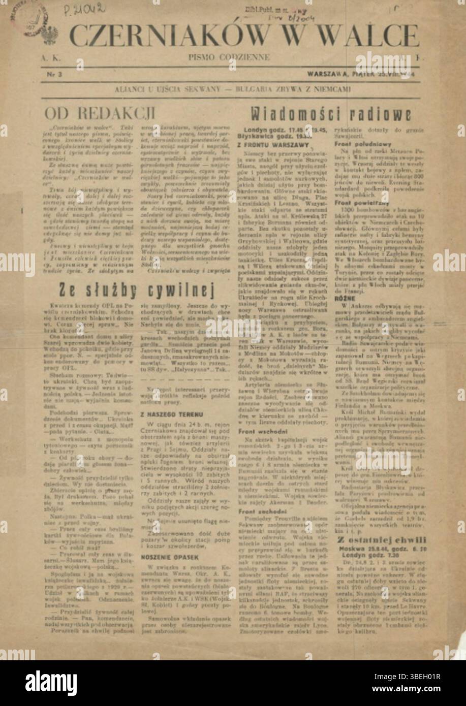 Cette édition de 1944 de 'Czerniaków w Walce', une publication quotidienne de l'Armée de l'intérieur polonaise (AK), donne un aperçu des luttes pendant l'occupation nazie. Il reflète l'esprit de guerre et les efforts de résistance en Pologne occupée. Banque D'Images