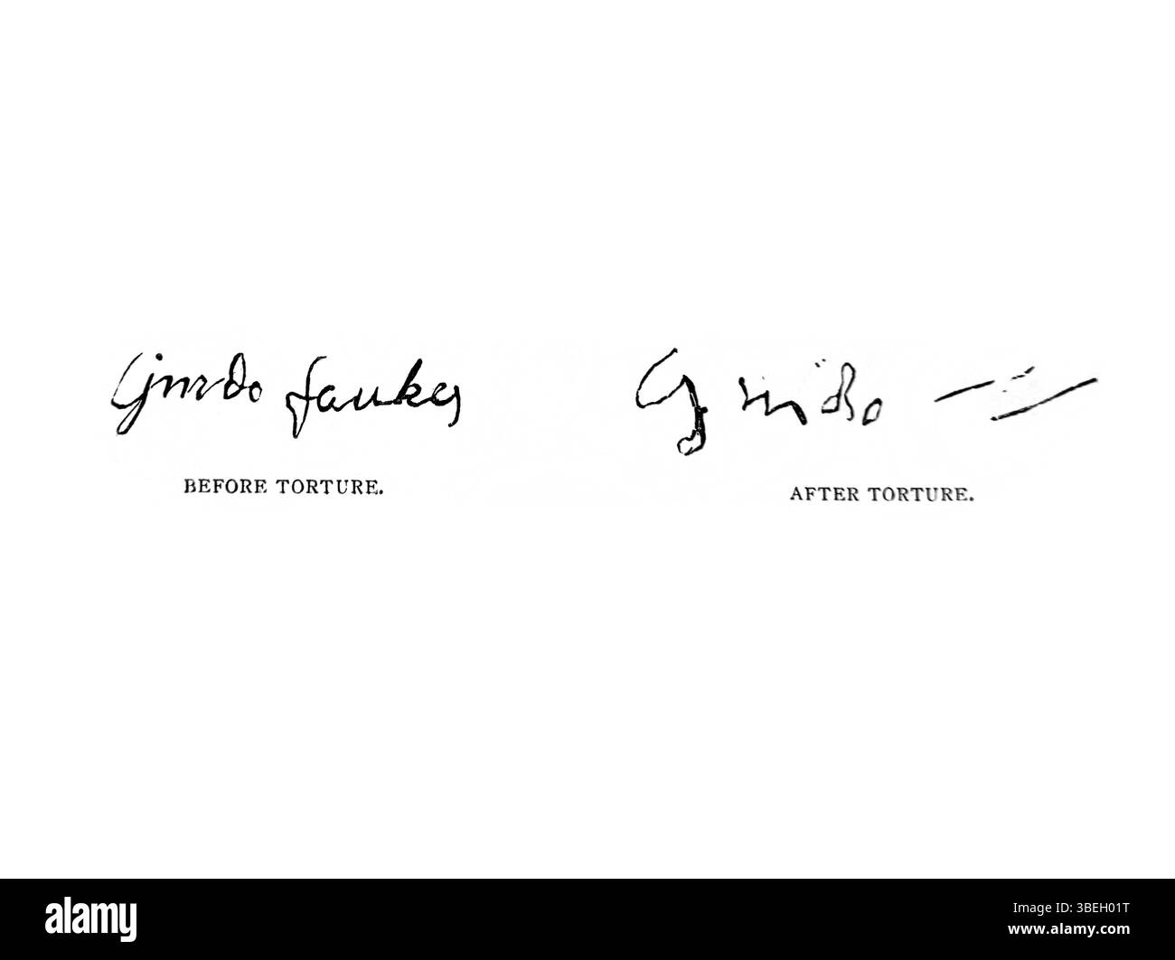 Guy Fawkes signatures avant et après qu'il ait été torturé pour obtenir une confession dans qui d'autre a été impliqué dans le complot de poudre à canon en 1605 de Antique L'édition 1866 du Livre des Martyrs de Foxe (le Livre des Martyrs par John Foxe révisé avec des notes et annexe par le révérend William Bramley-Moore M,A) Banque D'Images