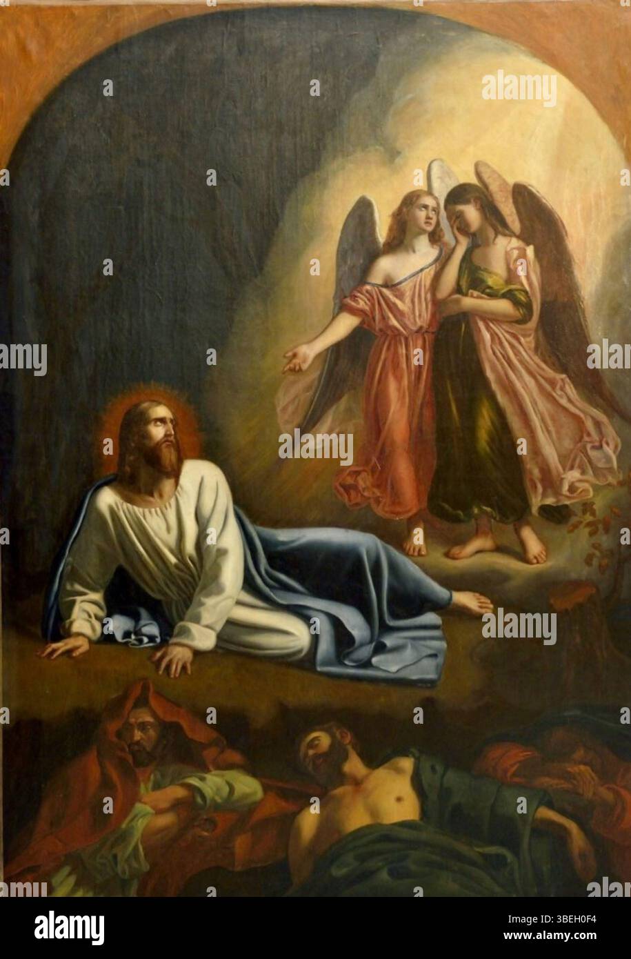 Cette peinture anonyme intitulée 'le Christ au Mont des oliviers' représente l'agonie dans le jardin, une scène biblique de la vie du Christ. La peinture capture le moment intense de prière et de souffrance dans la théologie chrétienne. Banque D'Images