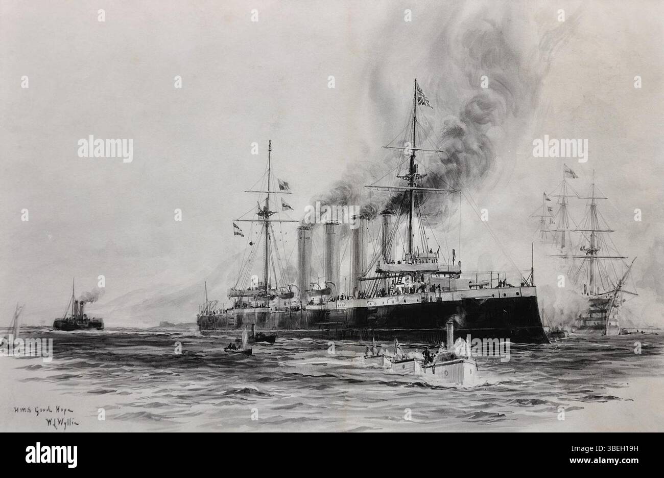 Cette peinture de William Lionel Wyllie représente le HMS Good Hope, un navire de guerre britannique, mettant en valeur les compétences maritimes et l'histoire navale du début du XXe siècle. Banque D'Images