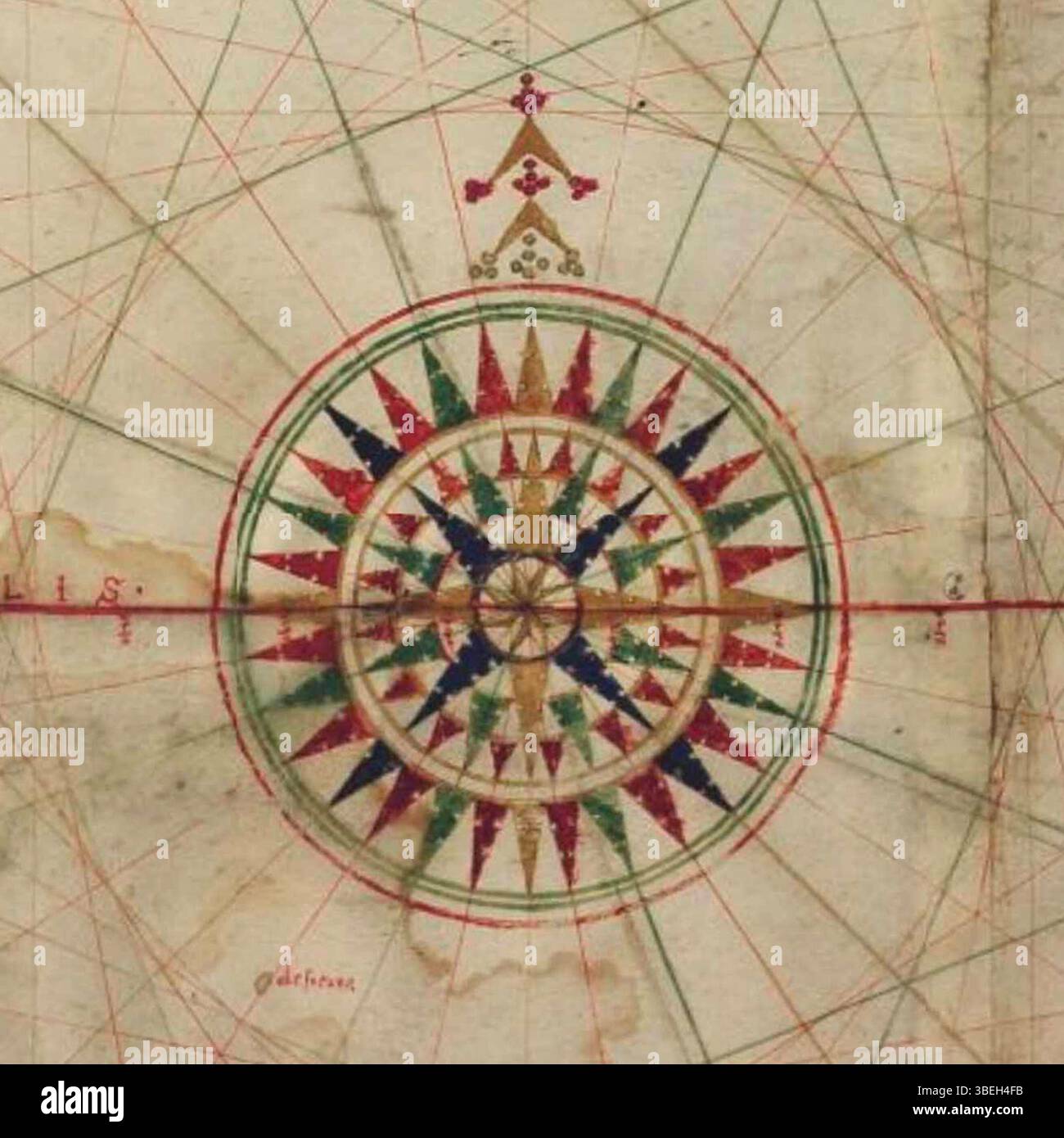 La carte de Turin de 1523, attribuée à Giovanni/Juan Vespucci ou Nuño García de Toreno, comprend une rose boussole détaillée. La carte représente les découvertes d'exploration maritime importantes de l'expédition Magellan et la première représentation complète de l'océan Pacifique. Banque D'Images