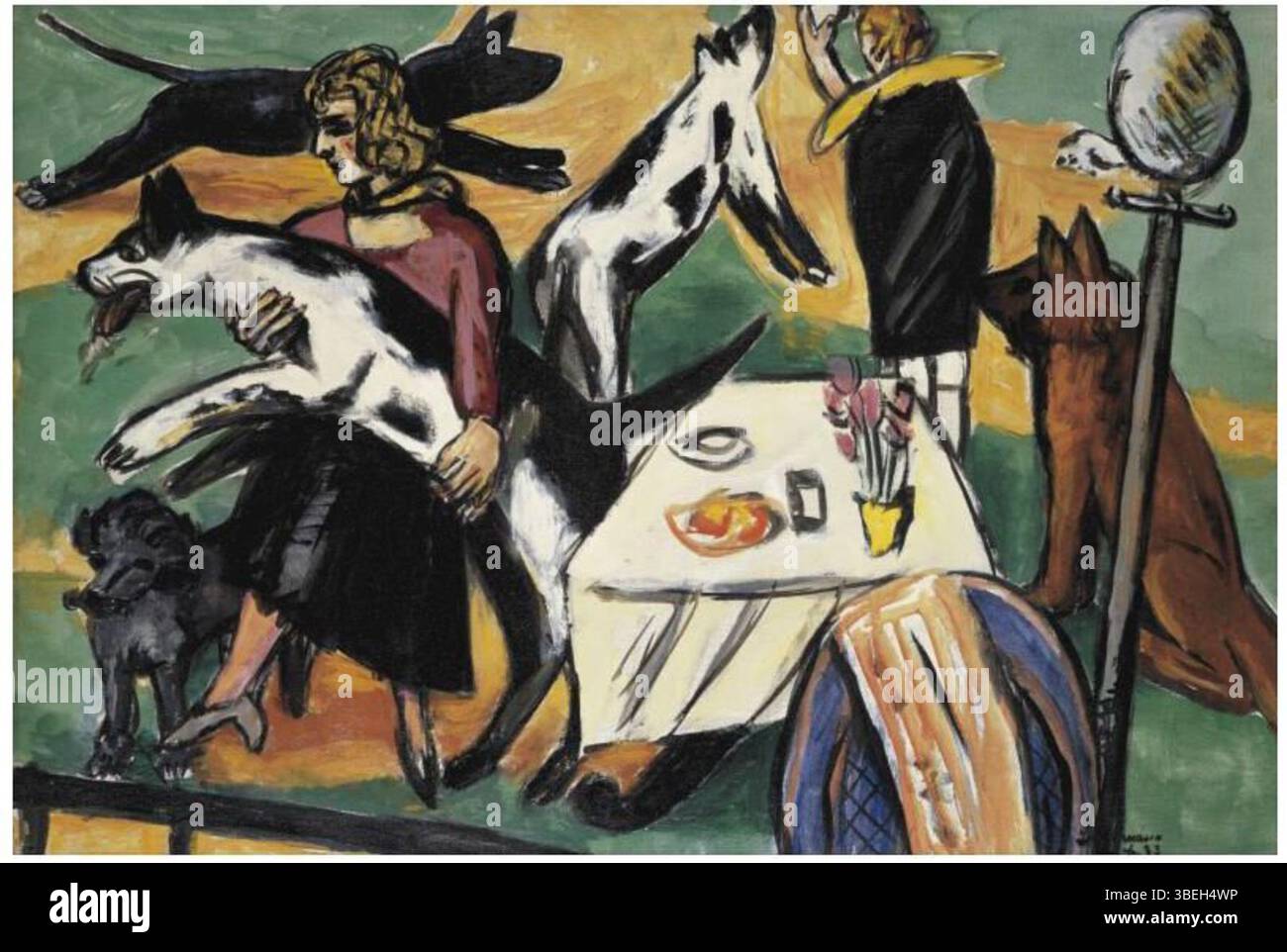 *Girls Playing with Dogs* de Max Beckmann (1933) reflète la dynamique joyeuse et complexe des relations humaines et animales. La représentation vibrante des enfants avec des chiens souligne le mouvement et l'expression dans le style caractéristique de Beckmann. Banque D'Images
