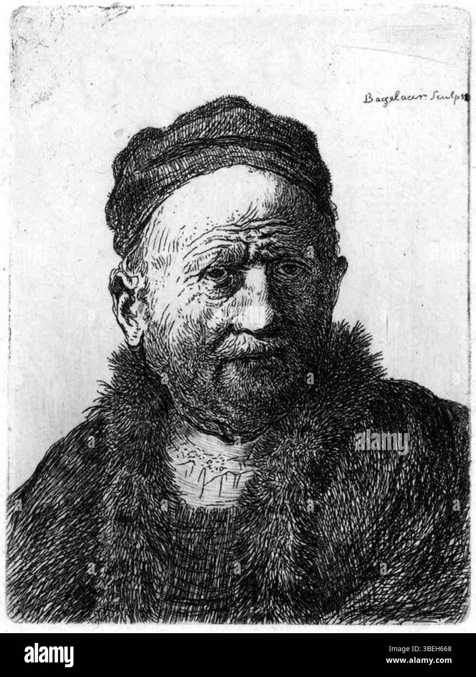Une gravure de portrait par Ernst Willem Jan Bagelaar, montrant un vieil homme portant une casquette noire et un col de fourrure, basée sur la gravure de Rembrandt. Créé entre 1800 et 1837. Banque D'Images