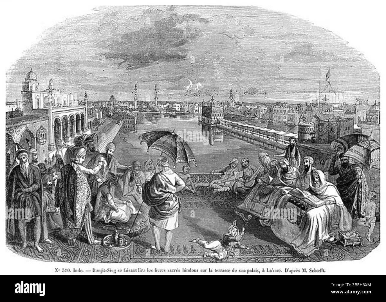 Cette gravure après August Schoefft représente Ranjit Singh, le fondateur de l'Empire du Pendjab et un chef sikh, lisant les écritures sikhs sur le toit de son palais à Lahore. L'image reflète son dévouement au sikhisme et son rôle de leader au début du XIXe siècle. L'œuvre a été créée dans la seconde moitié du XIXe siècle. Banque D'Images
