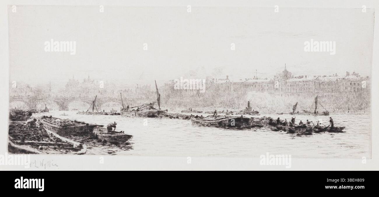 Une estampe sèche intitulée « The Pool of London » par William Lionel Wyllie, créée vers 1915. L'impression présente une vue détaillée de la Tamise avec des navires amarrés à la piscine. Il mesure 5x11,75 pouces et a été signé par l'artiste. Banque D'Images