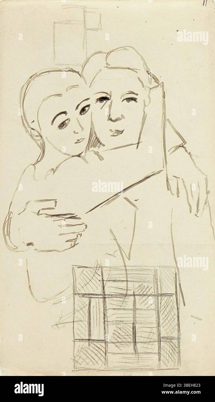 Ce dessin de 1917 de Theo van Doesburg, intitulé 'Un couple embrassant et composition avec des rectangles', représente un couple dans une étreinte, intégrée dans une composition abstraite de rectangles géométriques. L'œuvre reflète l'influence de l'approche signature de de de Stijl et van Doesburg pour combiner des éléments figuratifs et abstraits. Banque D'Images