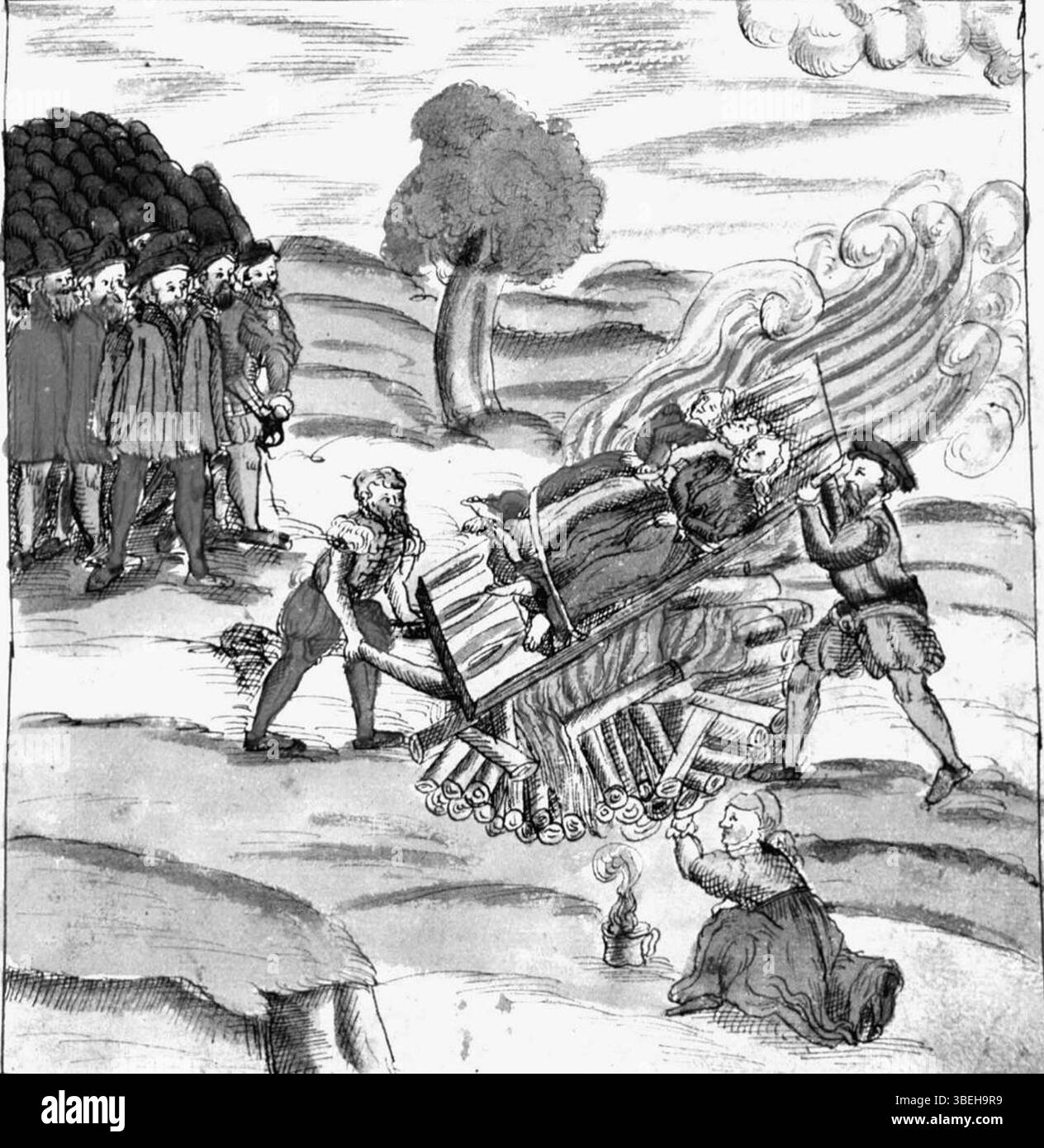 Une représentation de 1574 montrant trois sorcières brûlées à Baden. L'illustration est significative pour sa représentation unique de la méthode d'exécution, qui diffère de l'utilisation courante d'un poteau. Banque D'Images