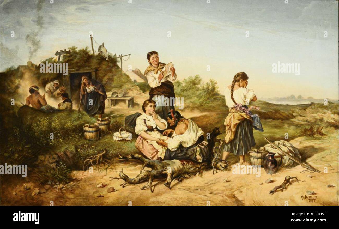 *Wahrsagerin* de W. Dettloff, peint en 1890, représente un diseur de bonne fortune dans un camp gitan. La peinture à l'huile capture l'atmosphère mystique de la scène avec des couleurs vibrantes et des détails expressifs. Banque D'Images