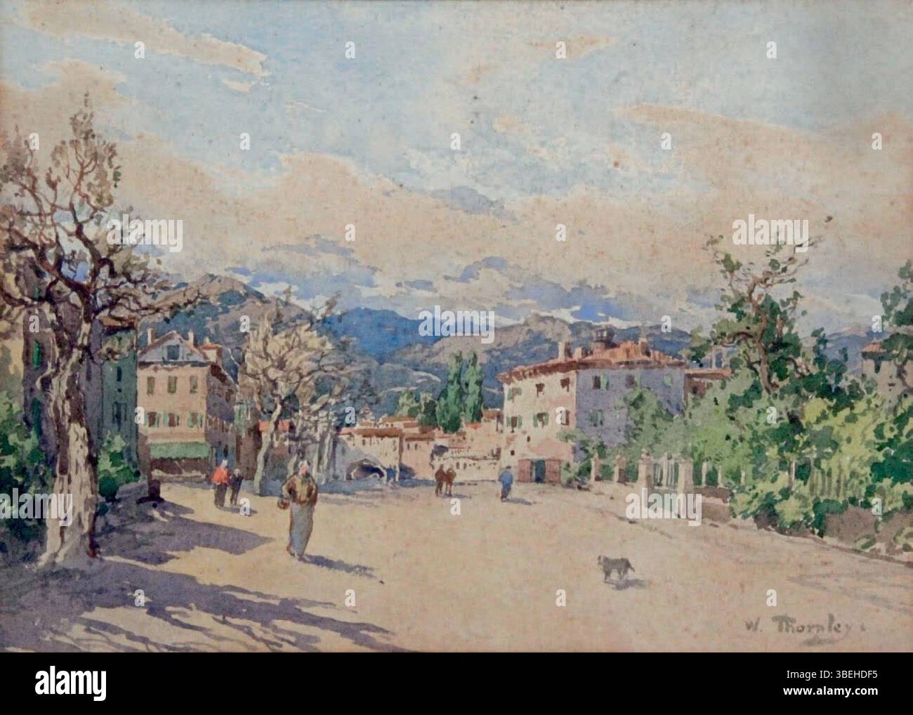 'Vue d'Albenga en Ligurie' de Georges William Thornley présente une vue détaillée d'Albenga, située dans la région de Ligurie en Italie. La peinture capture l'architecture de la ville et le paysage environnant, mettant en valeur le style réaliste de Thornley du début du XXe siècle. Banque D'Images
