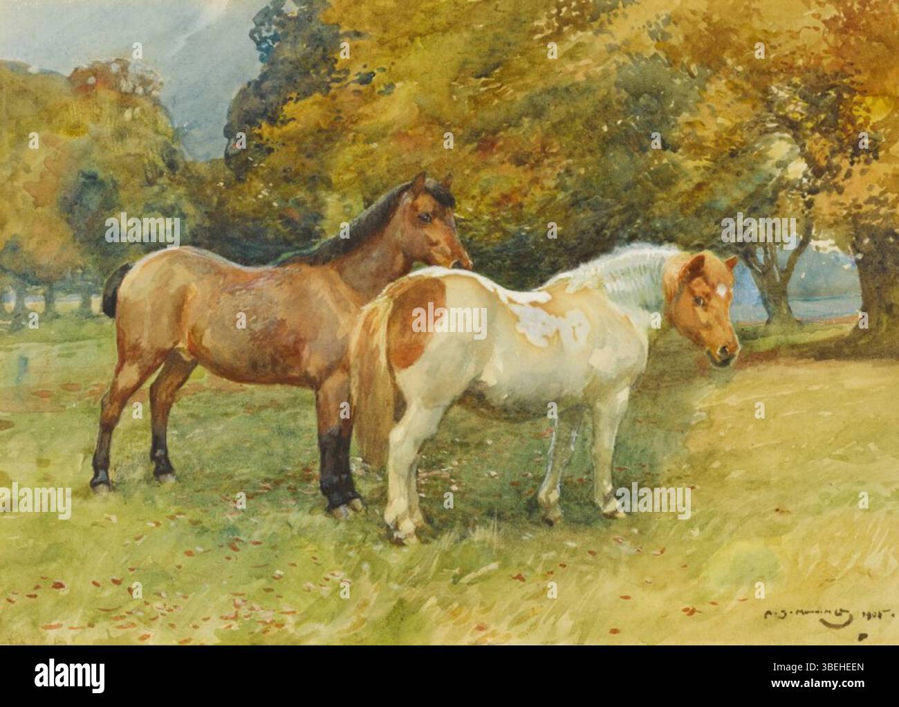 Soldier and Sailor de Sir Alfred James Munnings, P.R.A., R.W.S., P.R., représente deux personnages dans un parc à Catton Hall, Norfolk. L’œuvre met en évidence la capacité de Munnings à capturer des figures militaires dans des environnements naturels avec son style de peinture distinctif. Banque D'Images