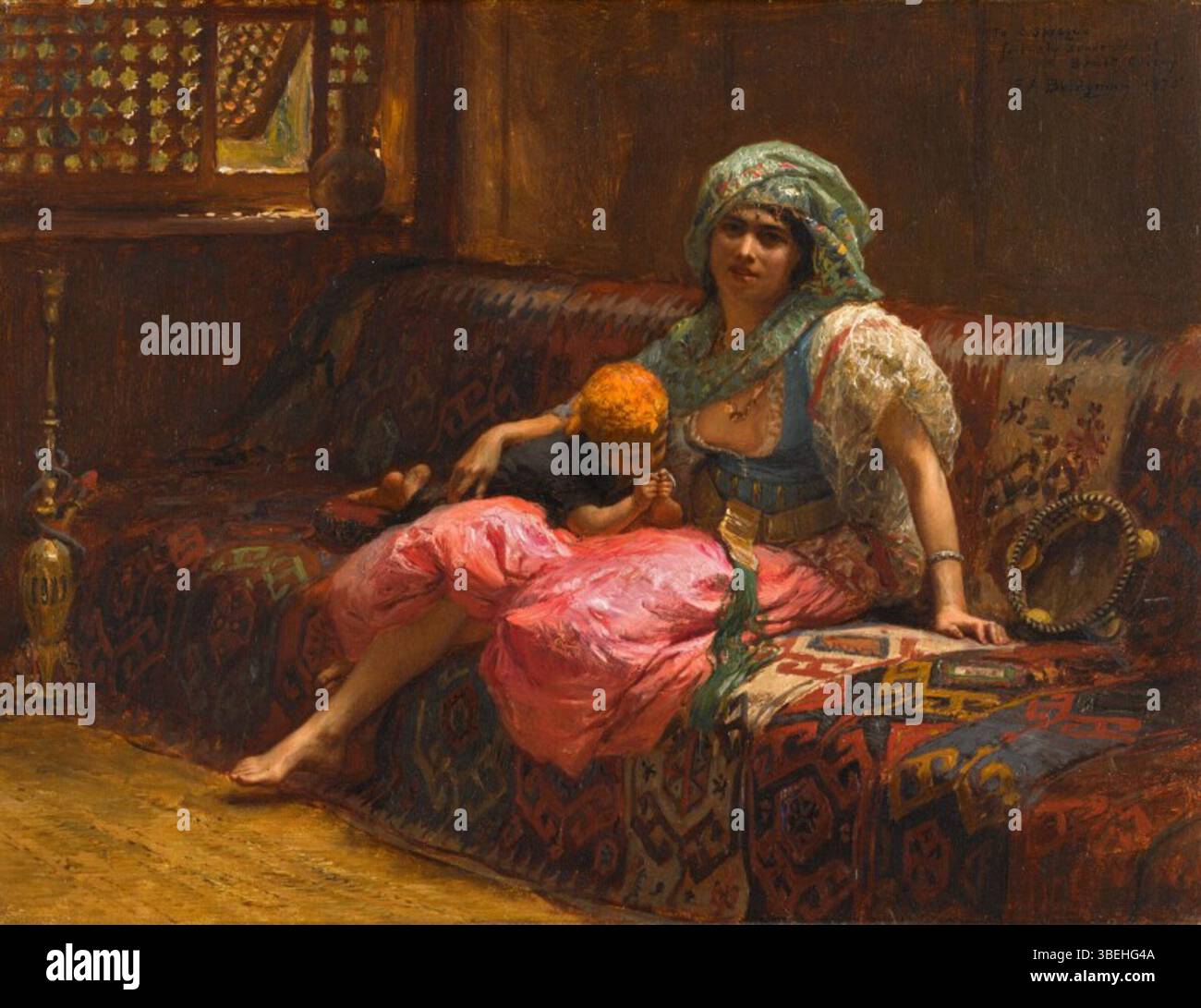 La peinture du XIXe siècle de Frederick Arthur Bridgman, « Tender moments », présente une représentation sensible et intime des émotions humaines. L'œuvre illustre son habileté à décrire des moments personnels et des liens humains. Banque D'Images