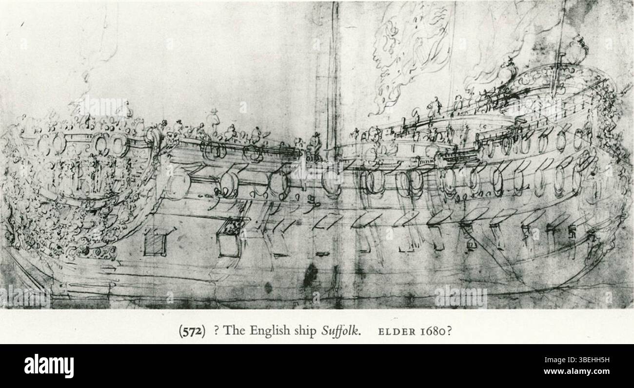 Ce dessin de 1680 de Willem van de Velde l'ancien représente le lancement du navire de guerre SUFFOLK, armé de 70 canons. L'illustration capture l'architecture navale et l'activité maritime de l'époque. Banque D'Images