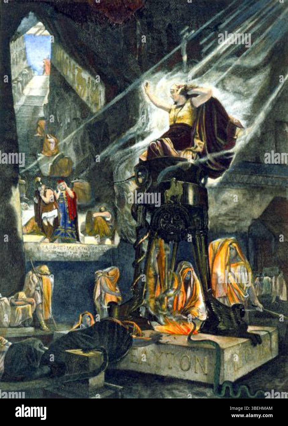 Gravure sur bois colorée d'Henri-Paul Motte, 'la prêtresse à Delphes', représente l'ancien oracle grec Pythia dans l'adyton du temple d'Apollon vers 1890. L'estampe est basée sur la peinture de Motte et illustre les prophéties légendaires de Delphes. Banque D'Images