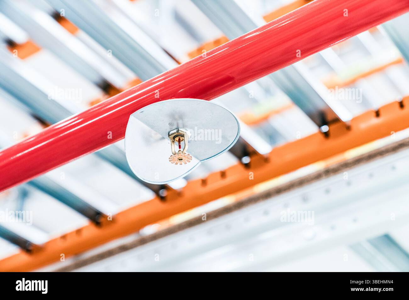 Système de gicleurs d'incendie avec tuyau rouge dans le plafond industriel Banque D'Images