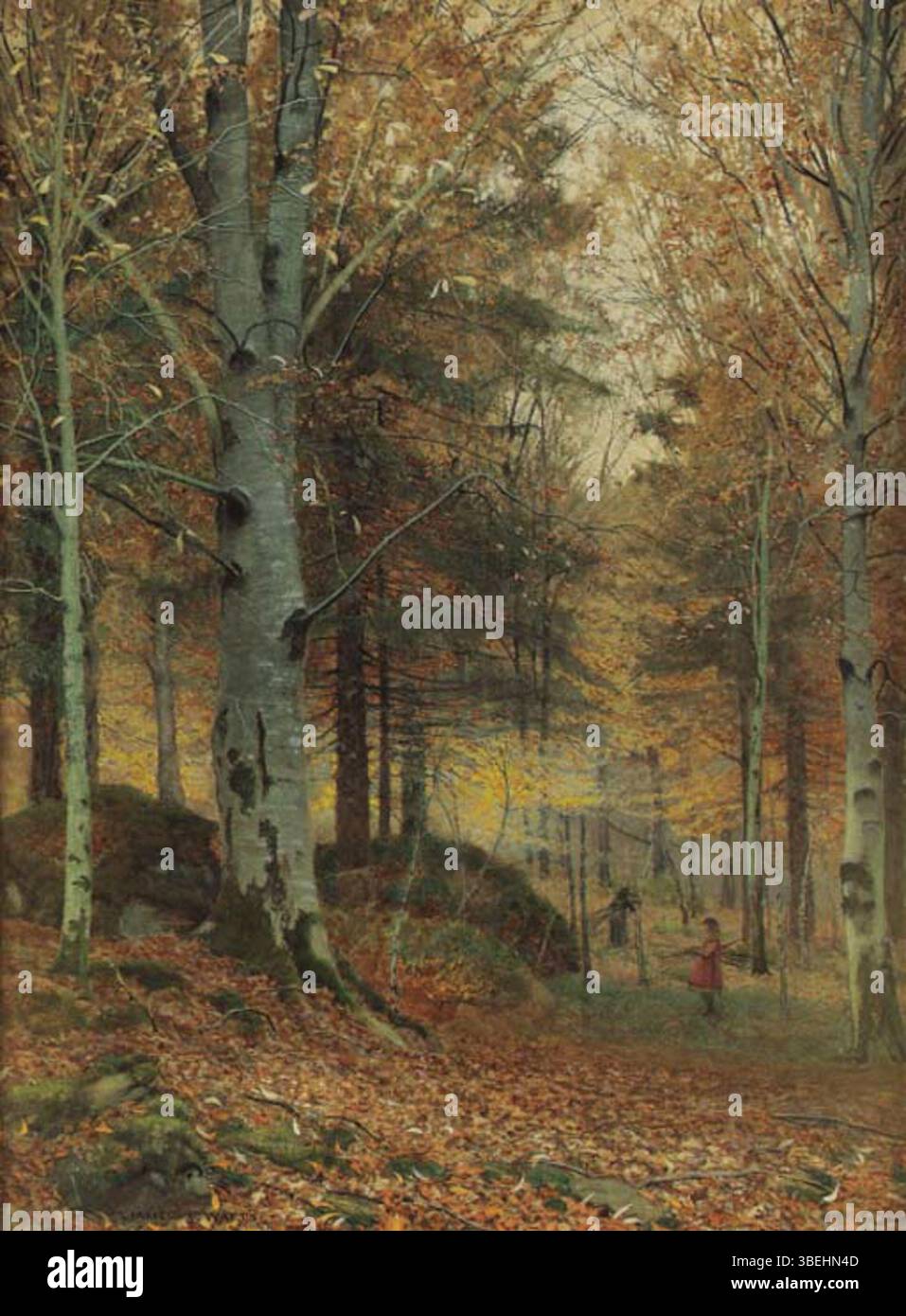 Dans *Autumn in the Wood*, James Thomas Watts dépeint les riches textures d'une forêt en automne, avec des couleurs d'automne vibrantes orange, rouge et jaune contrastant avec les troncs de forêt foncés. Banque D'Images