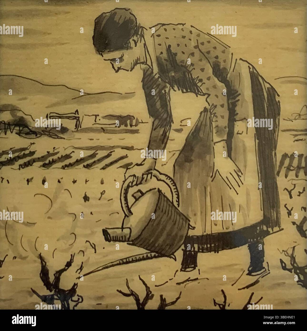 Ce dessin, à l’encre sur papier japonais, fait partie d’une série de Pierre Adolphe Valette (1876-1942) qui représente le processus de vinification dans le Beaujolais, en France. Les 14 dessins ont été montrés en 1945 sous forme de lanterne à l'Université de Manchester. L'ensemble a été proposé à la vente en 2023 par la Trent Art Gallery, accompagné d'un catalogue français avec 12 des pièces. Banque D'Images