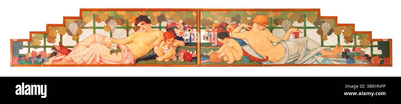 Émile Berchmans a réalisé cette grande fresque pour la brasserie Pacific au Hôtel Britannique à Liège. L’huile sur toile mesure 565 x 85 cm et est un exemple du travail artistique des Berchmans avant 1947. Banque D'Images