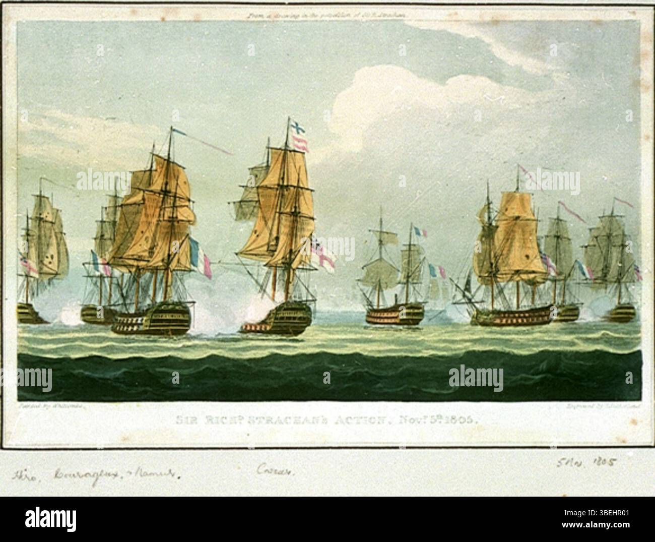 Cette représentation illustre la bataille du cap Ortegal le 5 novembre 1805, avec l’action navale de Sir Richard Strachan. Les navires Hero, Courageaux, Namur et César sont représentés, annotés à la main par l'artiste Thomas Whitcombe. Banque D'Images