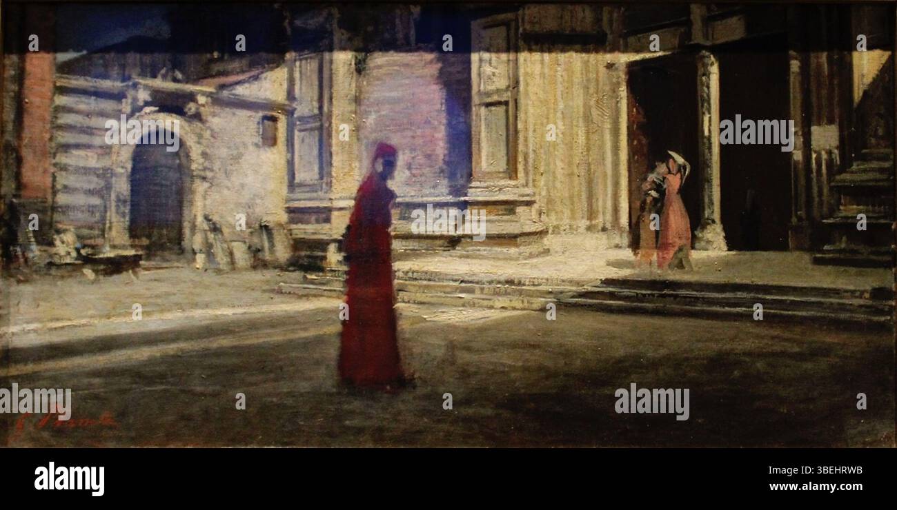 Le tableau de Giuseppe Planeta 'Dante di fronte alla chiesa di S. Maria Novella', créé vers 1866, représente Dante Alighieri devant l'église de S. Maria Novella à Florence, reflétant le symbolisme historique et artistique. Banque D'Images