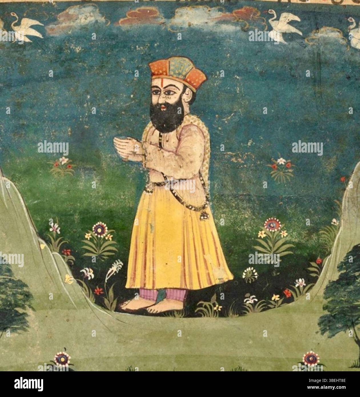 Cette représentation de Guru Nanak est extraite d'un manuscrit Janamsakhi, datant du XVIIIe ou XIXe siècle. Il dépeint Guru Nanak dans un moment significatif, soulignant ses enseignements spirituels et son rôle religieux dans le sikhisme. Banque D'Images