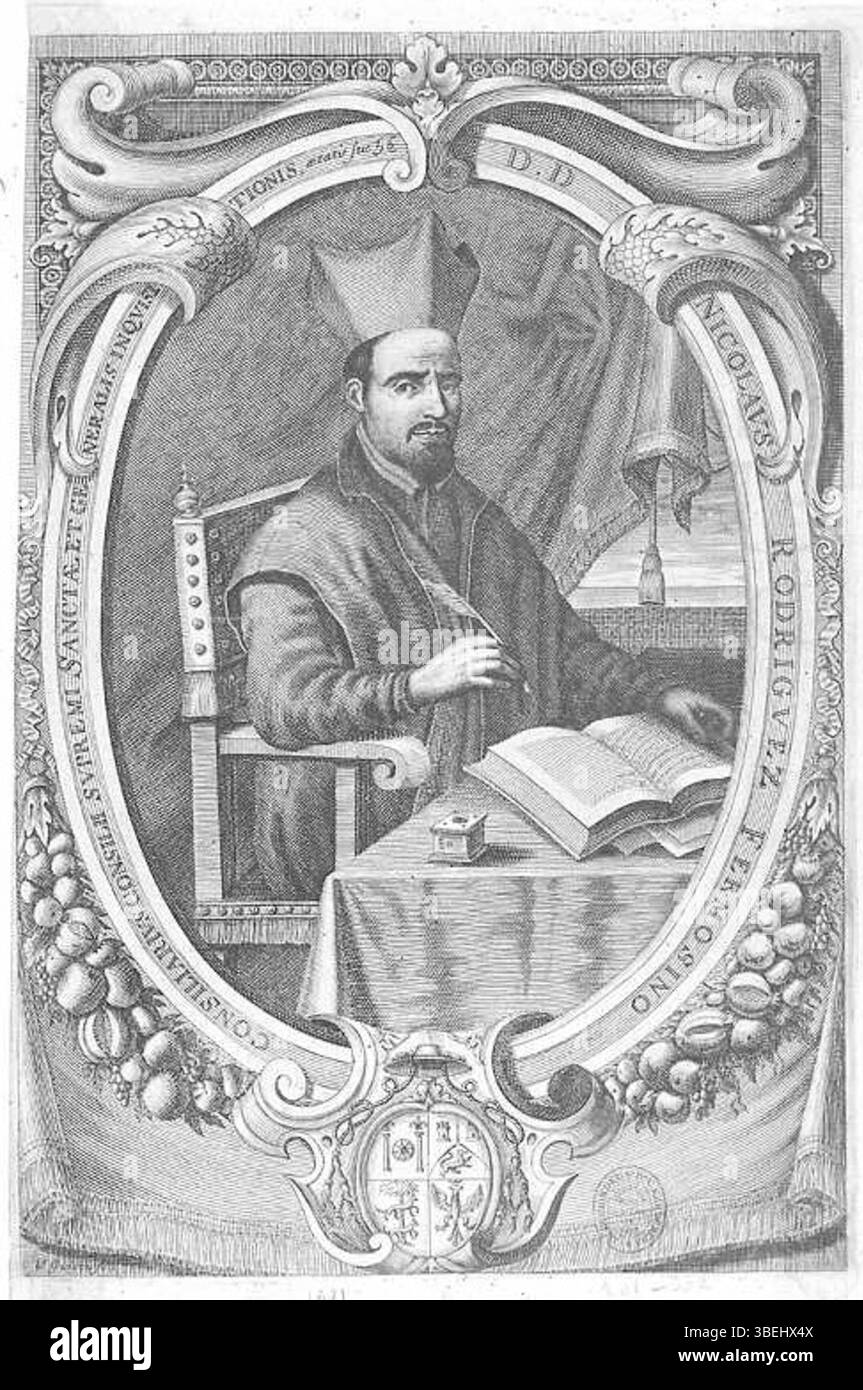 Cette gravure de 1659 de V. Guigou représente Nicolás Rodríguez Hermosino, figure éminente de l'Inquisition espagnole. La gravure comprend son titre et son âge, soulignant son rôle au sein du Conseil suprême de l'Inquisition. Banque D'Images