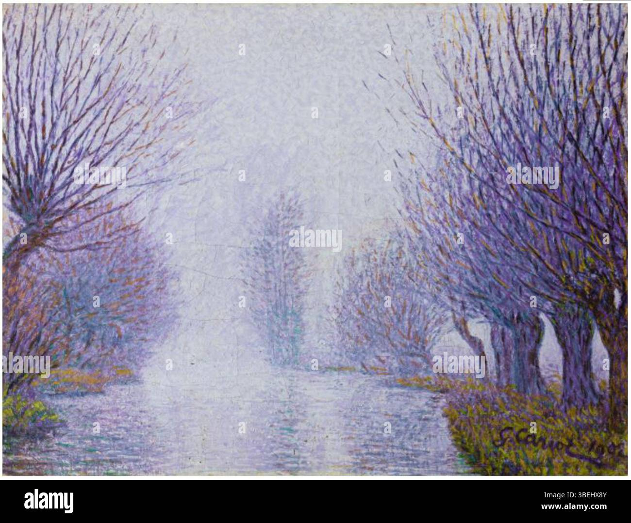 *Bords de rivière, effet de givre* (1902) de Gustave Cariot représente un paysage vertigineux au bord de la rivière. La peinture capture l'atmosphère fraîche et fraîche de l'hiver, avec des arbres couverts de gel et la qualité réfléchissante de la rivière. Banque D'Images