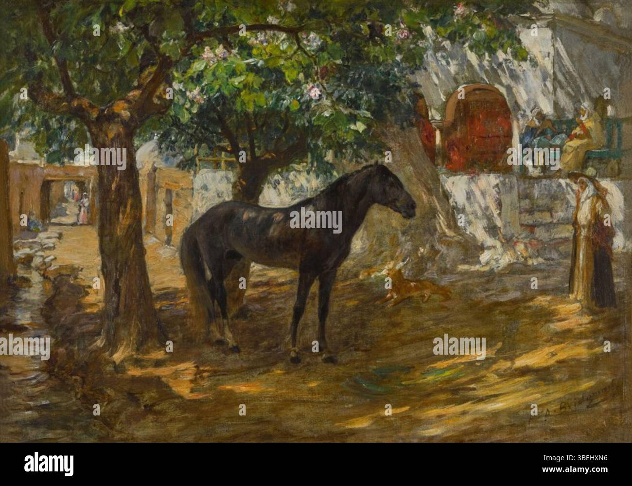 'Village in the Sahara' de Frederick Arthur Bridgman représente une colonie rurale dans le désert du Sahara. La peinture reflète la fascination de Bridgman pour les paysages et les cultures nord-africaines. Banque D'Images