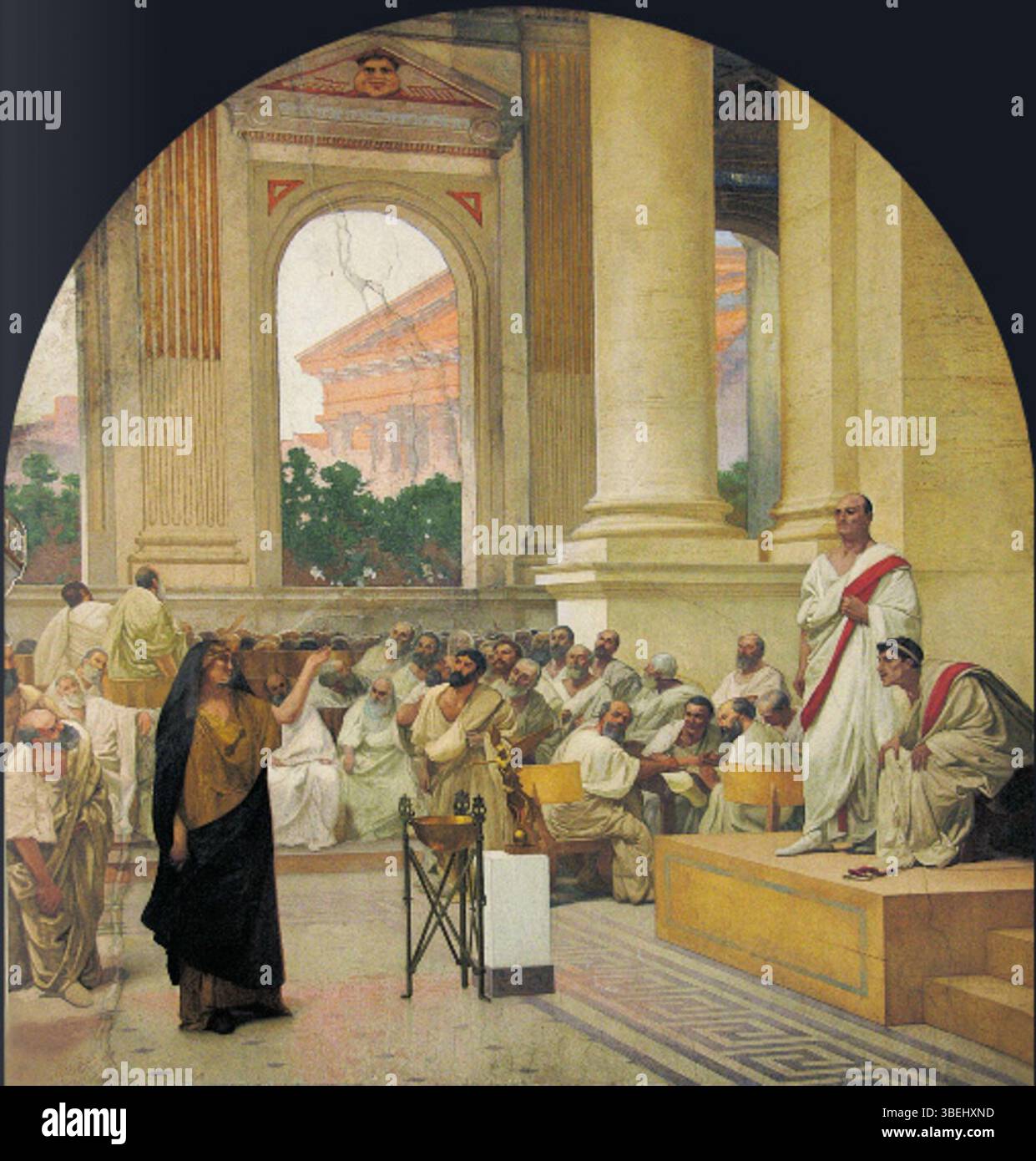 La peinture de Cesare Maccari 'la Libertà Fenenia Ispala denuncia l'associazione dei Baccanali' (années 1880) représente une scène historique ou mythologique impliquant Bacchanalia, les fêtes romaines antiques dédiées à Bacchus. Banque D'Images