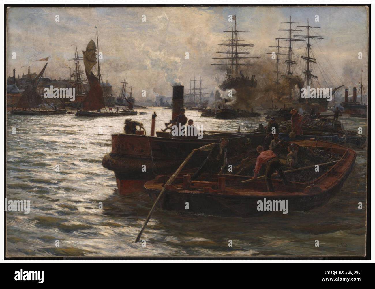 La peinture à l'huile de 1883 *Toil, Glitter, Grime and Wealth on a Flow Tide* de William Lionel Wyllie capture l'atmosphère industrielle animée de la piscine de Londres. Il comprend une barge à charbon attachée à un remorqueur à vapeur au milieu d'une fumée lourde, symbolisant la puissance industrielle dérivée du charbon. Banque D'Images