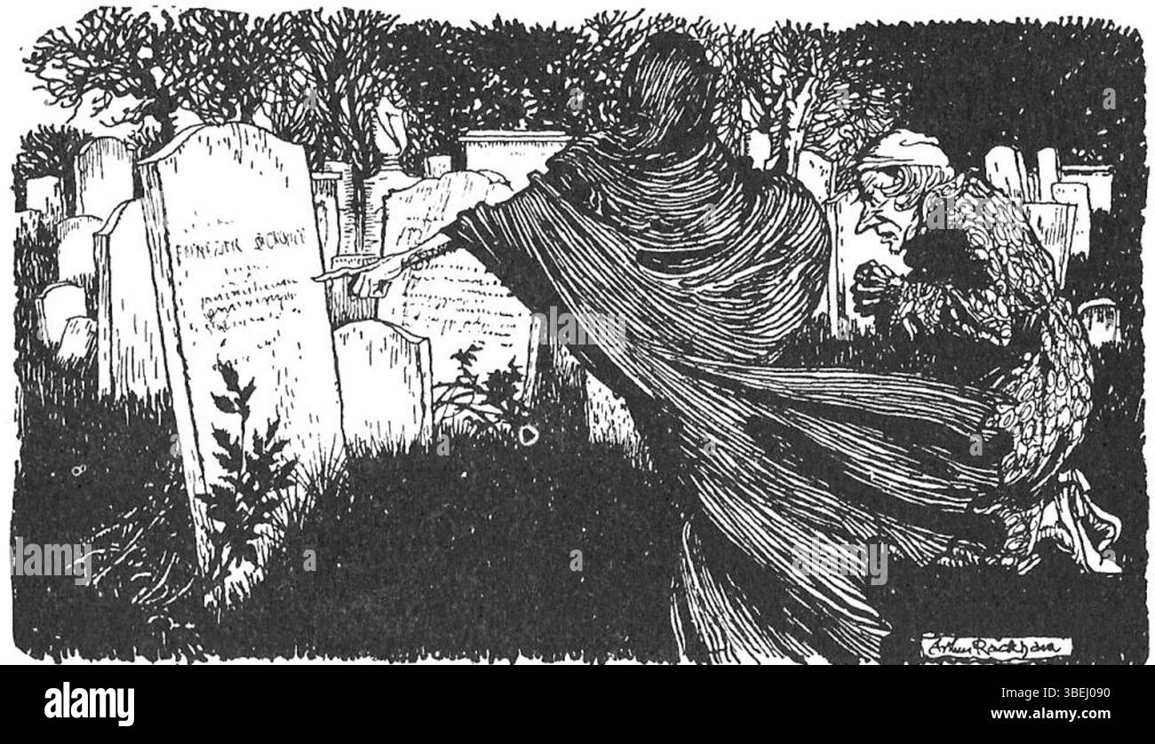 L’illustration d’Arthur Rackham de 1915 représente le fantôme de Noël encore à venir révélant le destin de Scrooge. Cette image évocatrice capture l'atmosphère menaçante et spectrale de 'A Christmas Carol' de Charles Dickens. Banque D'Images