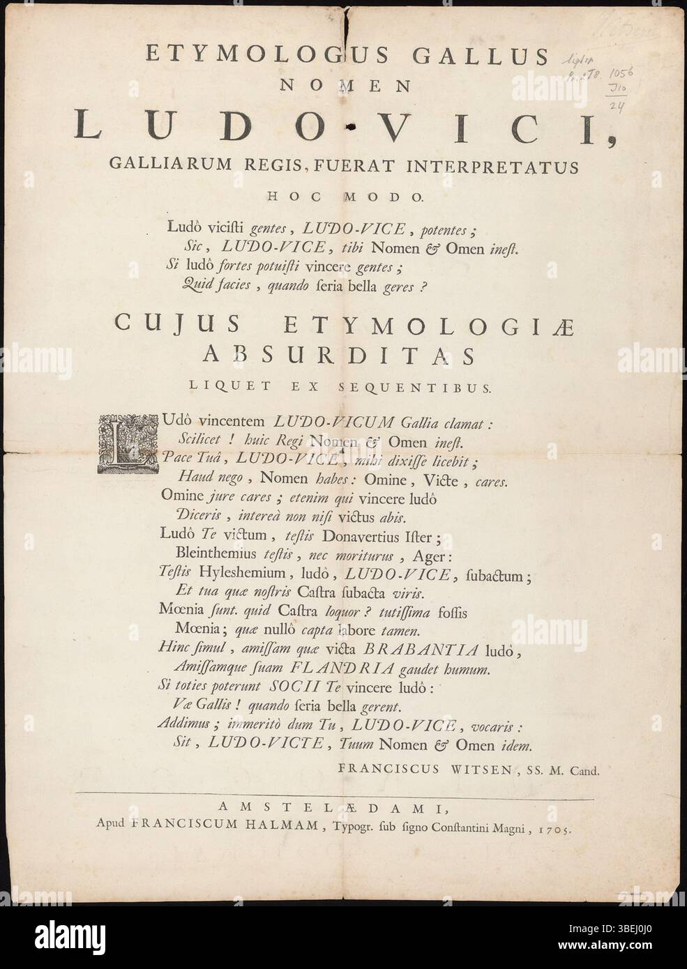Une estampe de Franciscus Witsen de 1705 qui critique l'étymologie du nom du roi Ludovicus de la tribu Gakkiarum. Witsen souligne l'absurdité de l'interprétation du nom, en fournissant un commentaire historique et linguistique. Banque D'Images