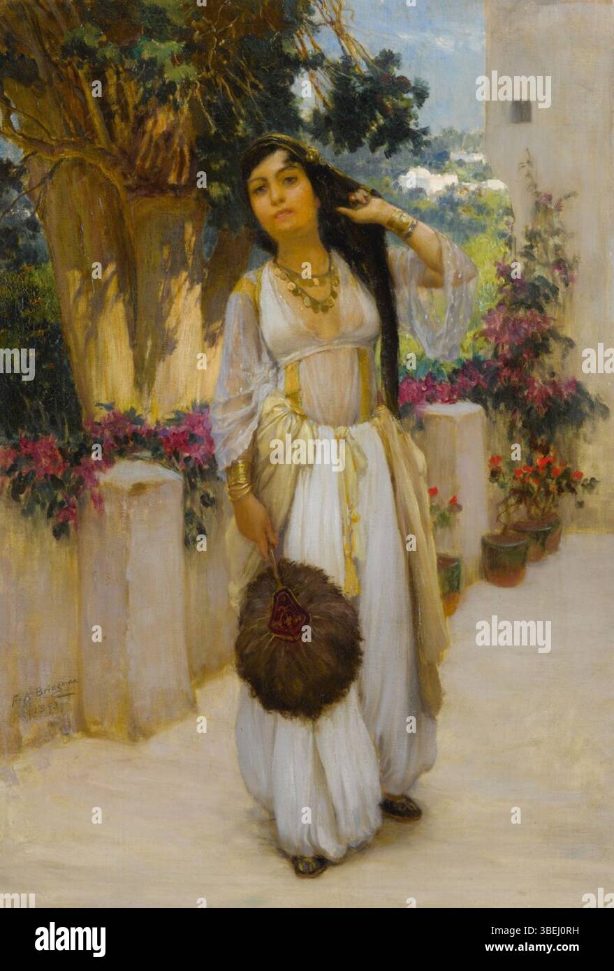 Cette peinture de Frederick Arthur Bridgman, "femme d'Alger sur une véranda", capture la vie culturelle vibrante de l'Algérie à la fin du XIXe siècle. La femme dans la scène reflète la grâce et l'élégance typiques des traditions culturelles de la région. Banque D'Images