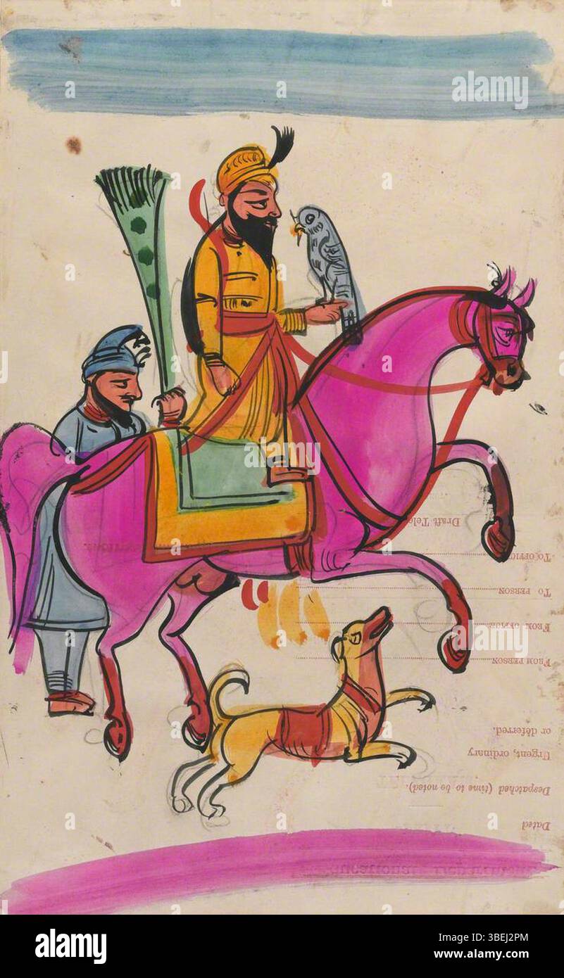 ; Page 108 : homme sikh avec un faucon à cheval, identifié comme Guru Gobind Singh ; Wellcome Collection ; http ://www.artuk.org/artworks/page-108-sikh-man-with-a-falcon-on-horseback-identified-as-guru-gobind-singh-239649 Banque D'Images