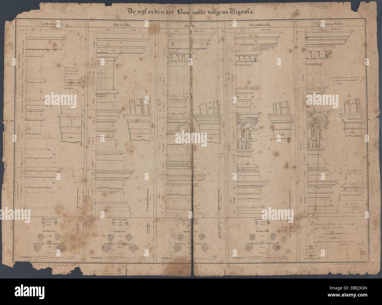 Cette lithographie de 1851 présente "les cinq ordres de l'architecture" selon Vignola, un ouvrage classique sur les principes architecturaux. Il a été imprimé par F. Böger à Dordrecht, illustrant les enseignements de Vignola sur l'architecture classique. Banque D'Images