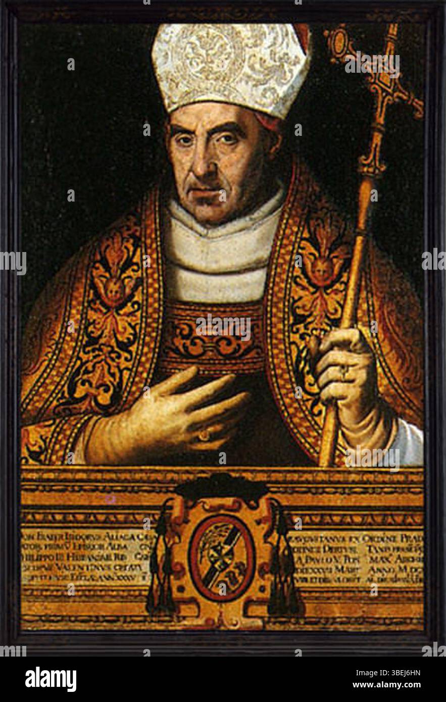 Portrait de Juan Ayerbe de l'archevêque Isidoro Aliaga en 1649, situé dans la cathédrale de Valence. Cette pièce représente une figure ecclésiastique significative du XVIIe siècle, capturant ses traits dans les moindres détails. Banque D'Images