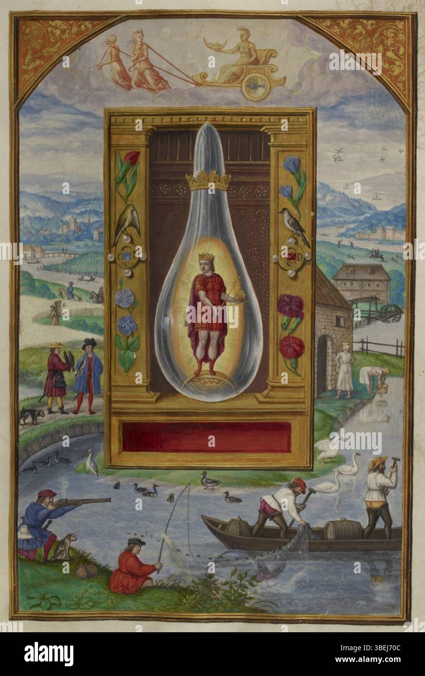 'Splendor Solis' de Salomon Trismosine, datée de 1582, représente un vieux roi dans une fiole, tandis qu'Apollon chevauche des nuages dans un char avec la Lune à la main. L'illustration reflète des thèmes alchimiques et mystiques de la fin de la Renaissance. Banque D'Images