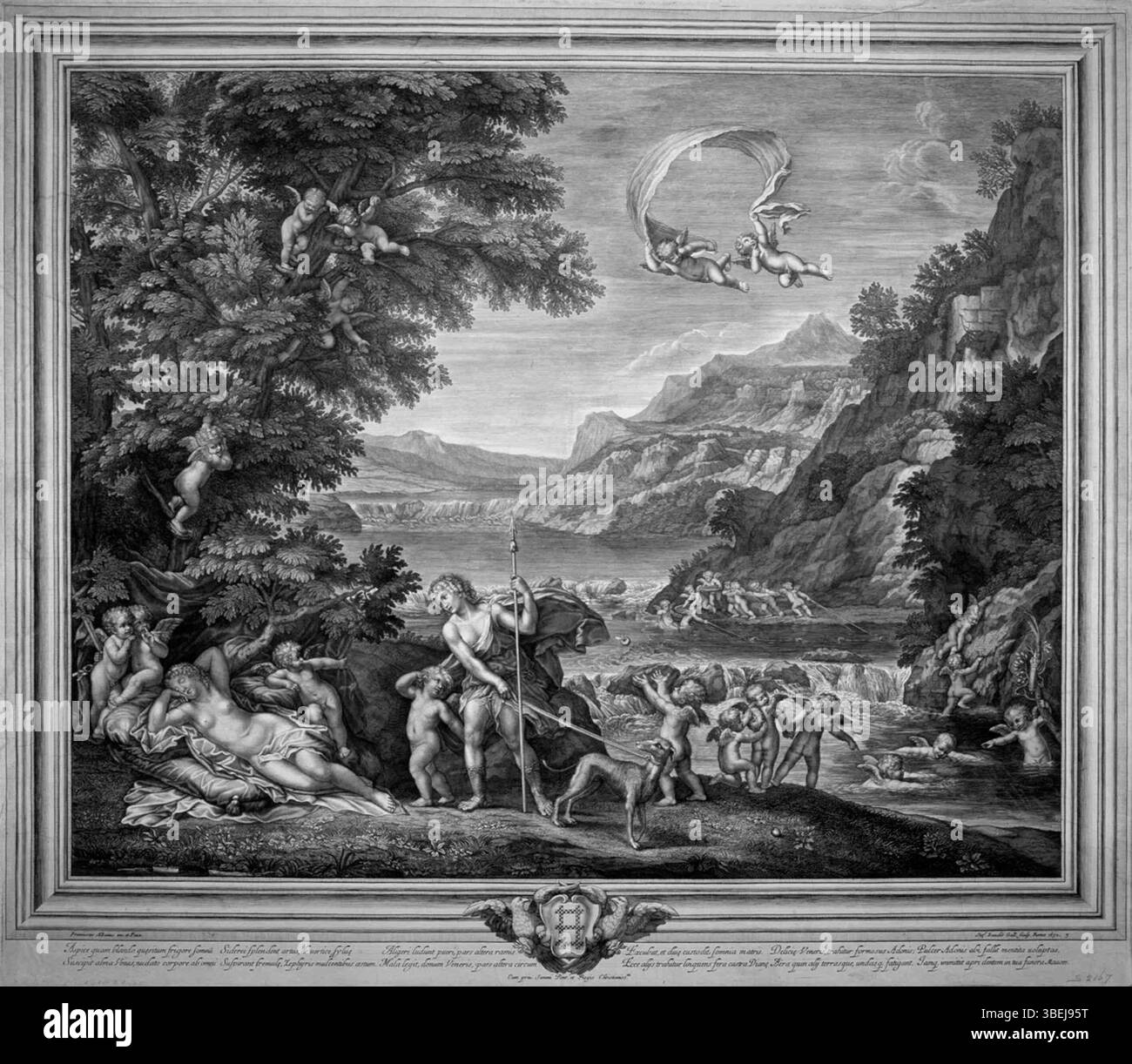 Cette œuvre d'Etienne Baudet (1638-1711), intitulée 'Adonis partant pour la chasse', représente le personnage mythique Adonis se préparant à la chasse. Créé vers 1672, le tableau reflète l'influence de la mythologie classique et du baroque compris Il fait partie de la collection universitaire Bibliotheken Leiden sous le label PK-P-126.139. Banque D'Images