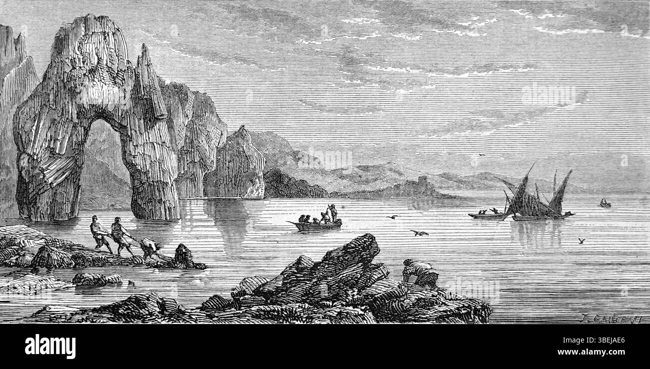 Côte rocheuse à Terrasini Sicile, y compris la Grotte, la grotte marine ou la Grotta delle Colombe Sicile Italie. Gravure vintage ou historique ou illustration 1866 Banque D'Images