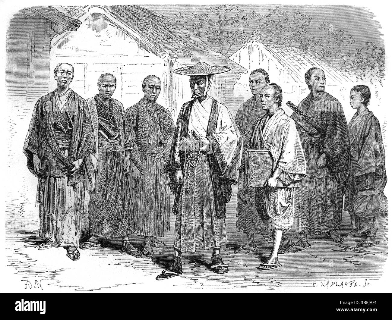 Fonctionnaires japonais ou fonctionnaires, connus sous le nom de Yakounine ou Yakounines, y compris les officiers de police et les agents des douanes, portant une robe, un costume ou des vêtements traditionnels japonais, Yokohama Japon. Gravure vintage ou historique ou illustration 1866 Banque D'Images