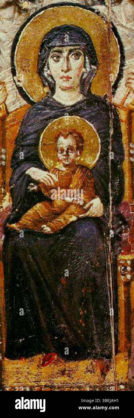 Icône encaustique d'environ 600 après JC représentant la Vierge à l'enfant flanquée d'anges et de saints George et Théodore, créée en utilisant la technique de la cire chaude. Banque D'Images