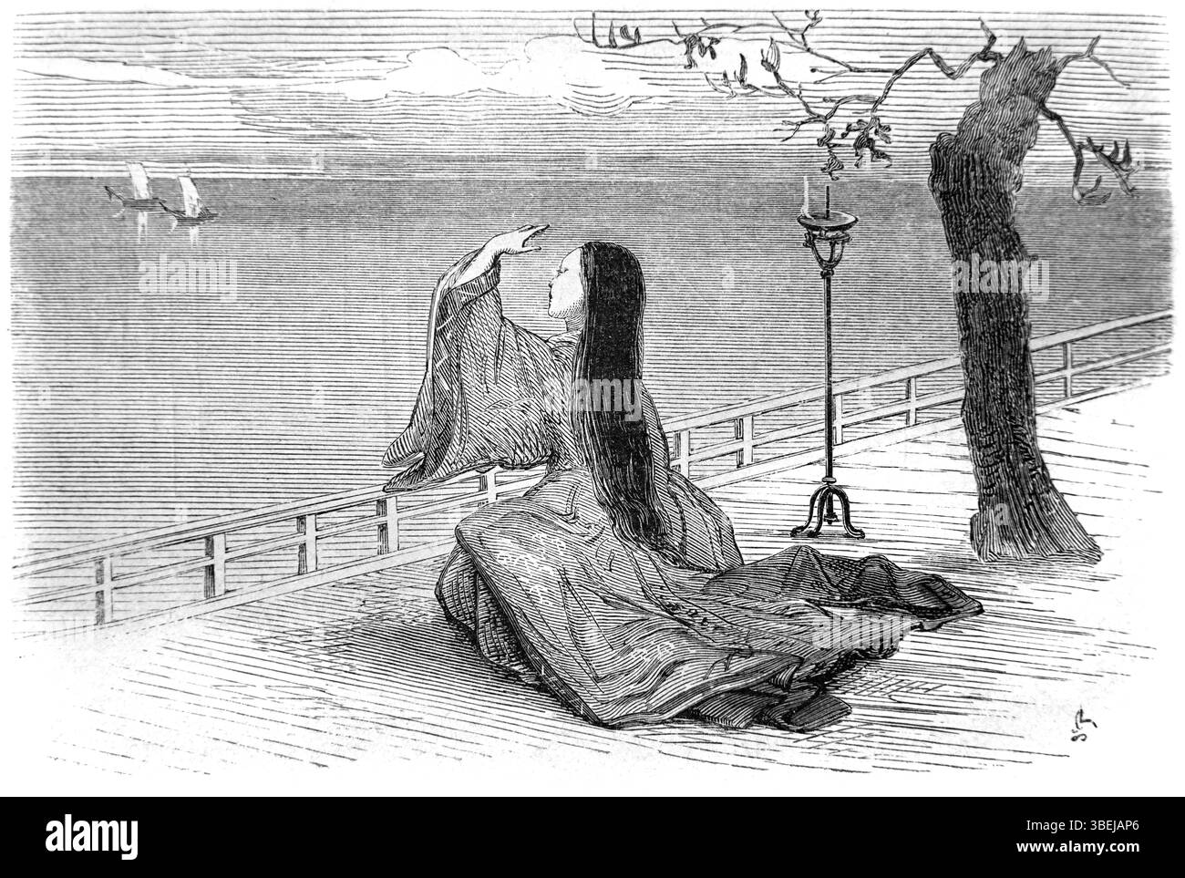 Femme japonaise regardant vers la mer ou vers l'horizon à la recherche d'inspiration Japon. Gravure vintage ou historique ou illustration 1866 Banque D'Images