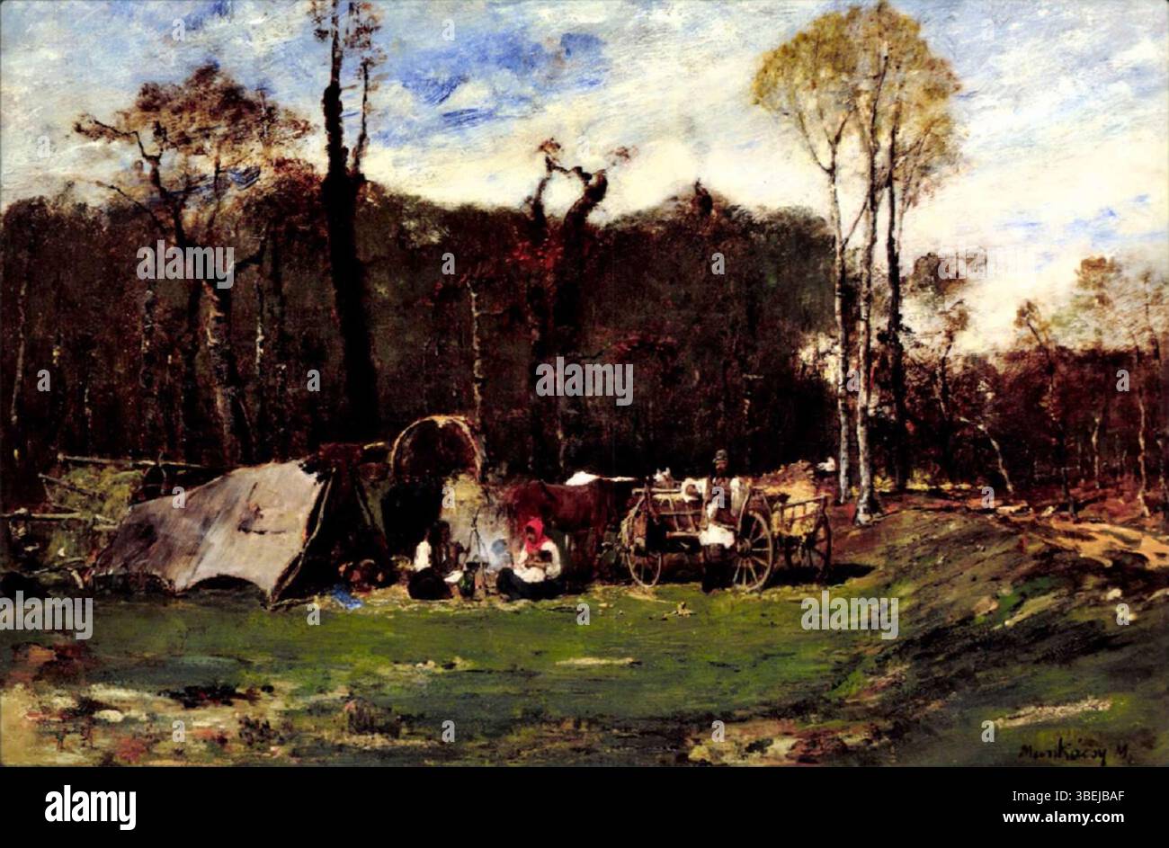 La peinture de Munkácsy Mihály 'Cigánytábor' (camp gitan) de 1873 est une huile sur toile conservée dans la collection Pákh Imre aux États-Unis. Ce travail reflète l’engagement profond de Munkácsy envers les thèmes sociaux, décrivant la vie des personnes marginalisées, en particulier la communauté rom. Banque D'Images